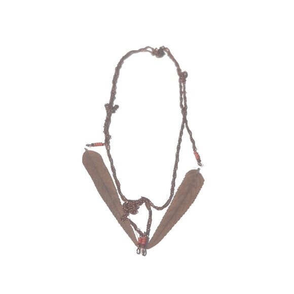 Inspired by Nature Boho Necklace with Natural Brown Leaves and Beads on Copper T - Picture 2 of 4
